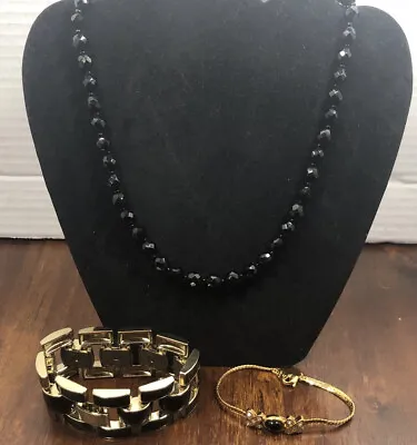 Vintage Black Jet Bohemian Glass Beads Necklace & Two Bracelets Strawbridge NOS • $6.36