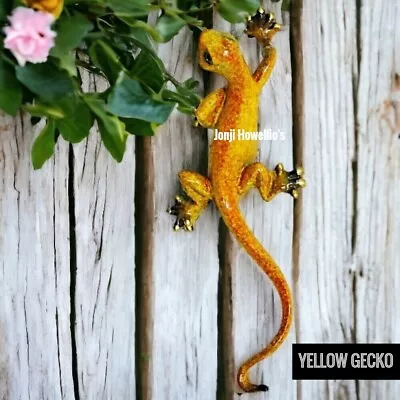 Yellow Speckled Gecko Lizard Sculpture Garden Ornament Wall Art Home Decor Gift • £12.90