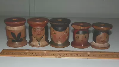 5 Different Folk Art Hand Painted Faces Wooden Wood Vintage Thread Spools Lot • $25