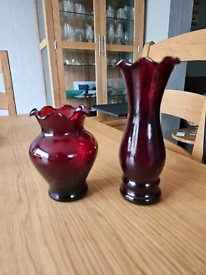 Two Vintage Anchor Hocking Cranberry Red Flower Vases. Lovely Condition.  • £7