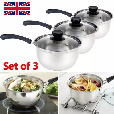 3X Induction Non Stick Stainless Steel Cookware Kitchen Glass Lids Pot Pan Set • £13.99