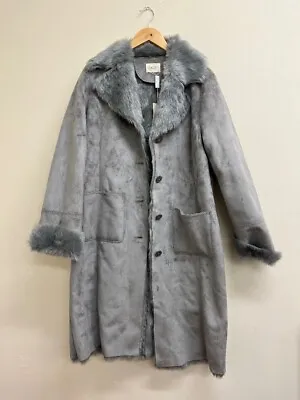 Classics Grey Afghan 70s Style Coat Autumn Winter Faux Suede Fur Jacket Size 14 • $96.96