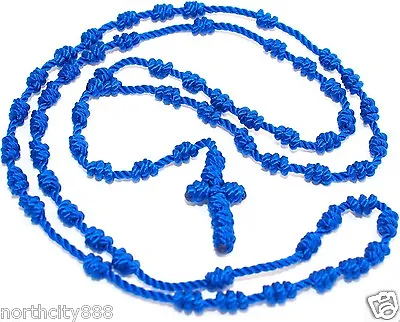 Rosary Necklace Knotted Cord Rope Rosarie Blue Beads Necklace Cross • $9.93