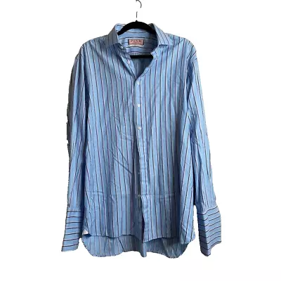 Thomas Pink Mens Long Sleeved Blue White Red Stripe French Cuff Shirt Sz 17-35 • $18.21