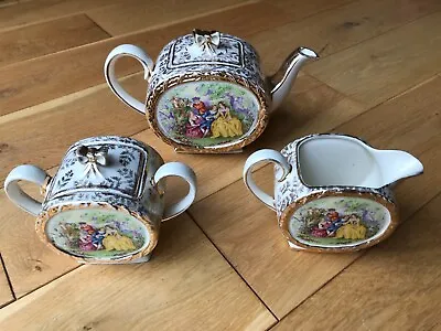 Sadler Courting Couples Pattern Gilt Edged Teapot Milk Jug & Lidded Sugar Bowl • £15
