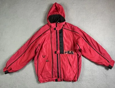 Vintage Fila Jacket Mens Medium Red Winter Ski Thermore Wind Snow Tuck Hood 90s • $39