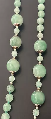 Vintage Chinese Light Green Hand Knotted Jade & Silver Bead Necklace 31  Long • $95