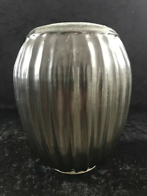 Vintage Art Studio Pottery Black Green Rim Glaze Fluted Vase Signed Pamela • $34.99