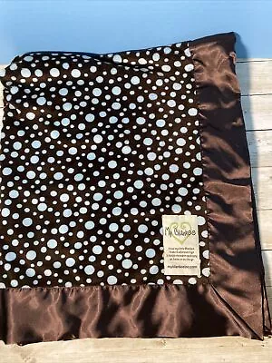 My Blankee Baby Blanket Polka Dots Circles Security Lovey Blue Brown Satin Trim • $17.99