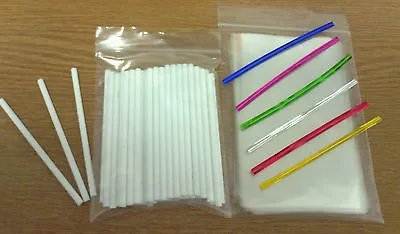 50 X 114mm PLASTIC  LOLLIPOP STICK KIT CAKE POP 3  X 5  CELLO BAGS TWIST TIES • £4.50