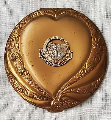 Vintage Niagara Falls Souvenir Vanity Compact Large 4” Heart Shape Hingeco USA • $22