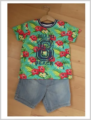 Baby Boys T-Shirt & Denim Shorts 2 Piece Set Tropical Hawaiian Print 2-3 Yrs NEW • £10.99