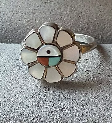 Vintage Petite Zuni Sun Face Kachina Turquoise Coral MOP Silver Ring Size 6.5 • $69.95