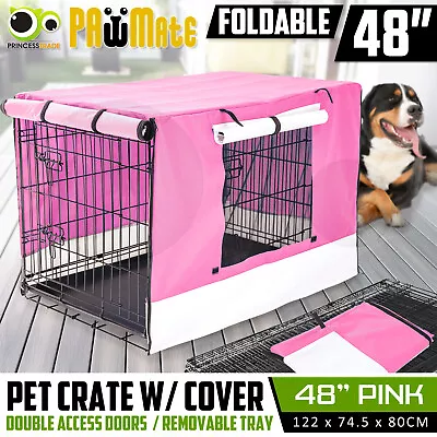 48in Dog Cage Pet Wire Crate Puppy Cat Foldable Metal Kennel Portable Tray Cover • $126.90