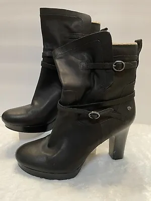 UGG Olivia Black Leather High Heel Platform Boots UGGPURE Wool Women’s Sz 11 EUC • $39.95