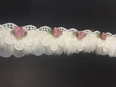 1yard  Ivory Lace Trim With 3d Flowerfur And Plated Frill • £5.99