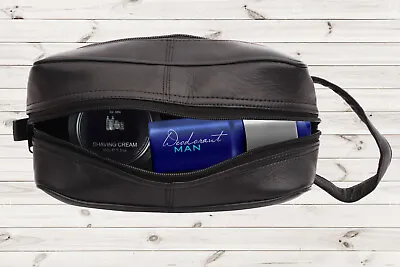 Black Leather Shaving Bag - Leather Kit |Toiletry Bag And Dopp Kit | Cosmetic  • $24.99