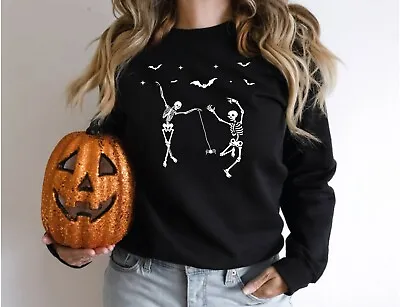 Happy Halloween Pumpkin Tee Witch  Season Unisex Sweatshirt Dancing Skeleton 2 • £14.69