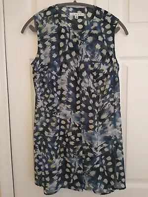 CAbi Size S Avery Sleeveless Tunic Blouse Sheer Blue Print • $7.99