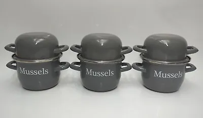 Set Of 3 Grey Enamel Mussel Pots With Lids • £22
