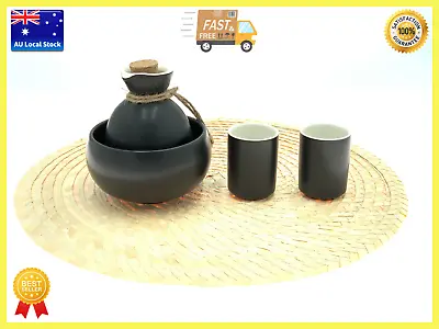 Japanese Traditional Style Black Porcelain 4 Piece Bowl Warming Sake Set 2 Cups • $69.95