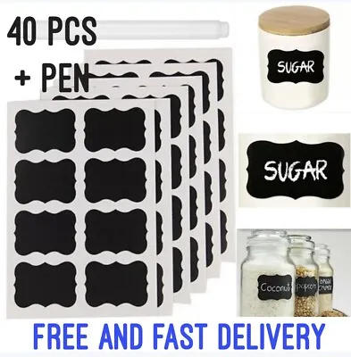 40 X Chalk Labels With Pen Set Blackboard Chalkboard Pantry Jar Stickers - UK • £4.55