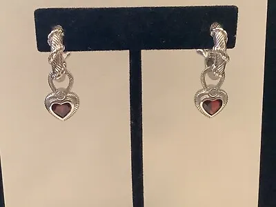 Authentic Signed Judith Ripka Sterling Silver& Red Ruby Heart Charm Earrings Nr • $119.99