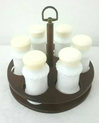  6 Vintage Milk Glass Spice Jars Lids & Spice Rack Round Wood Handle 1970s  • $19.95