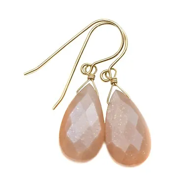 Peach Moonstone Earrings Faceted Pink Teardrops Sterling 14k Yellow Solid Gold • $45