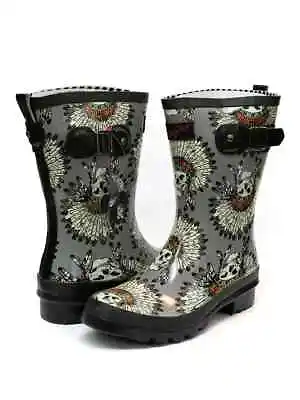 Women's Blazin Roxx Gray TRIBAL INDIAN SKULL RUBBER RAIN BOOTS Waterproof Size 9 • $40