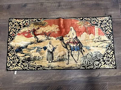 Vintage Tapestry Middle Eastern Camel Shepherd Sheep Desert Scene 38”x19” Italy • $25