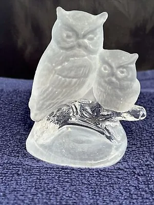 Vintage Frosted German Art Glass Owls Figurine Mama & Baby Owl On Branch 3.5” • $16.95