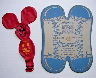 Vtg 1930's Mickey Mouse Red Blow Up Balloon & Feet Walt Disney Unused Oak Rubber • $45