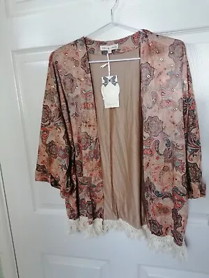 New Brown Tan Paisley Tassel Fringe J S Millenium Kimono Jacket S/M Boho 70s • £7.99