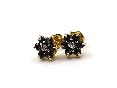 LOVELY LADIES 14k YELLOW GOLD EARRINGS W 12 SAPPHIRES & 2 SINGLE CUT DIAMONDS * • $186.99