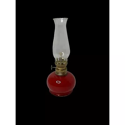 Vintage Red Miniature Oil Lamp With Clear Glass Chimney Globe Wick Made In Italy • $18