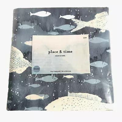 Place And Time 60  Round  Calm & Cool  Vinyl Tablecloth Blue/White With Fish NEW • $8.99