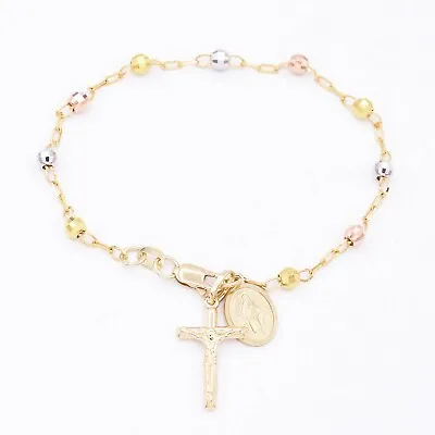 $279.99 • Buy Textured Rosary Cross Virgin Mary Bracelet Real 10K Tri-Color Gold 7 