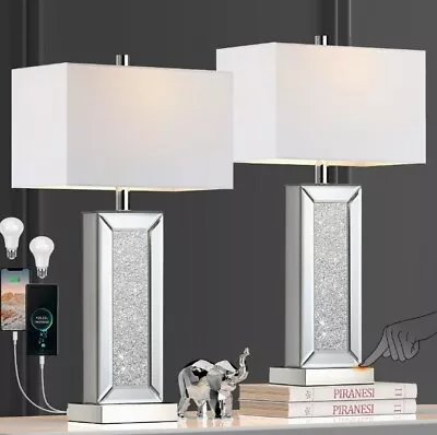 Modern Table Lamp Set Of 2 Touch Control Silver Mirror Diamond Crystal Bedside • $129.95