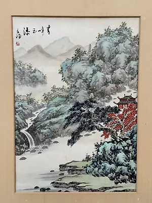 Vintage Signed Asian Chinese Art Painting River Province Landscape Red Temple • $38