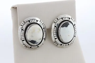 Vintage Navajo Signed R.M. 925 Sterling Silver White Buffalo Turquoise Earrings • $259.99