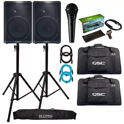 QSC CP12 CP Series 12  Powered Active DJ PA Speakers Pair W Stands Cases Mic • $1424.40