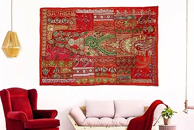 Indian Heavy Hand Embroidered Wall Hanging Vintage Zari Patchwork Beads Tapestry • $82.50