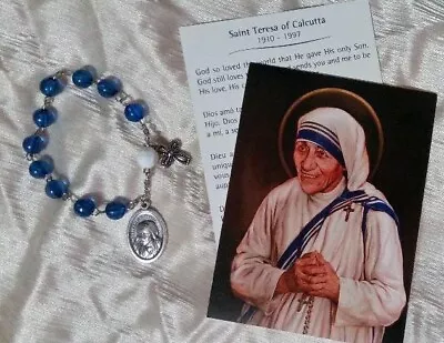 Saint Mother Teresa Calcutta 4 Language Holy Card Blue White Chaplet Rosary #13 • $30