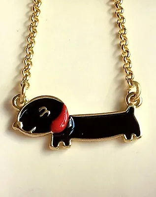 Dachshund Necklace Doxie 19  Gold Plated Black Enamel Pendant Dog Mom Rescue • $9.99