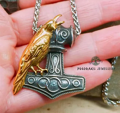 Ragnar Lothbrok Viking Thor's Thors Hammer Mjolnir With Golden Raven Necklace • £14.95