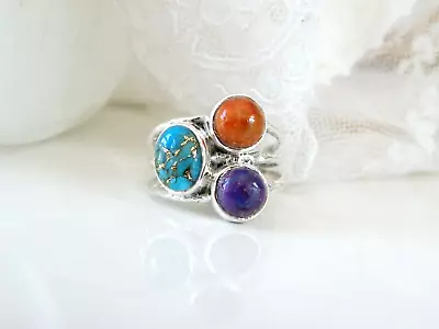 Sterling Silver 925 Turquoise Coral Modern Band Ring Size 9 • $42.50