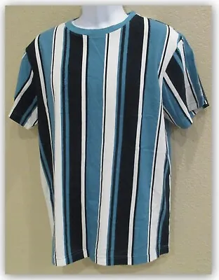 Crew Neck T-shirt Short Sleeve Teal/White/Blue Stripes 100% Cotton Original Use • $10.26