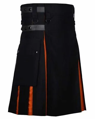 Scottish Men 100% Cotton Fashion Black & Orange Hybrid Kilt Men • £49.99