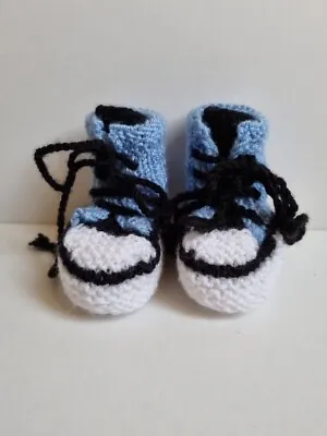 Handmade Crochet Baby Booties Converse Vans Style Lace Up Blue & White 0-3 • £6.50